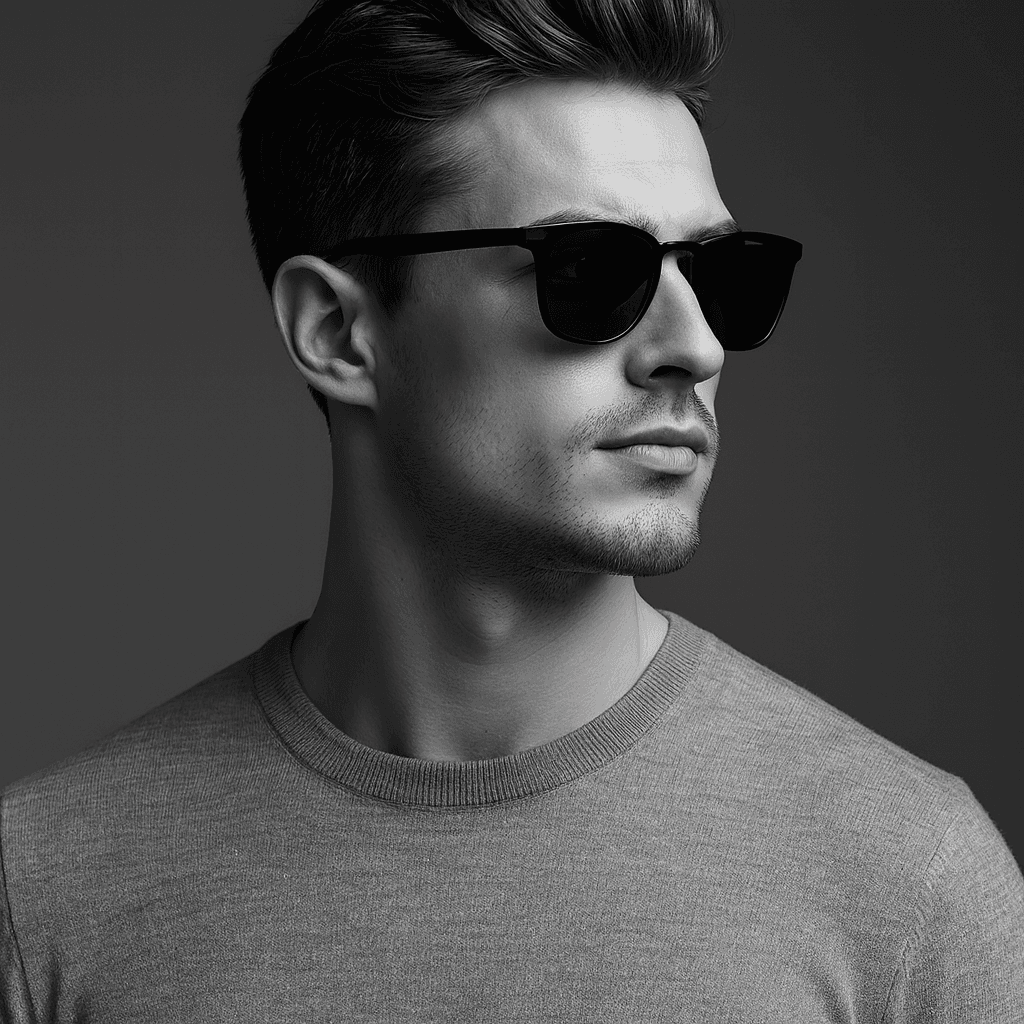 A stylish woman with sunglasses and a headscarf looking thoughtfully to the side in a black and white editorial photo.